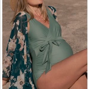 Olive waist-tie maternity one piece swimsuit